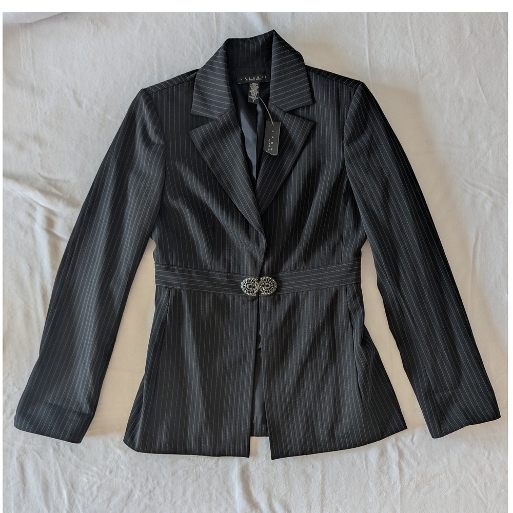LAUNDRY by‎ SHELLI SEGAL Black Pinstripe Blazer Jacket Jeweled Women's Size 6